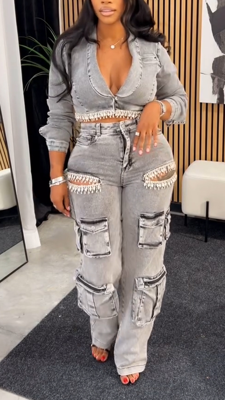 Grey Denim Cargo Jeans with Tassel Detailing