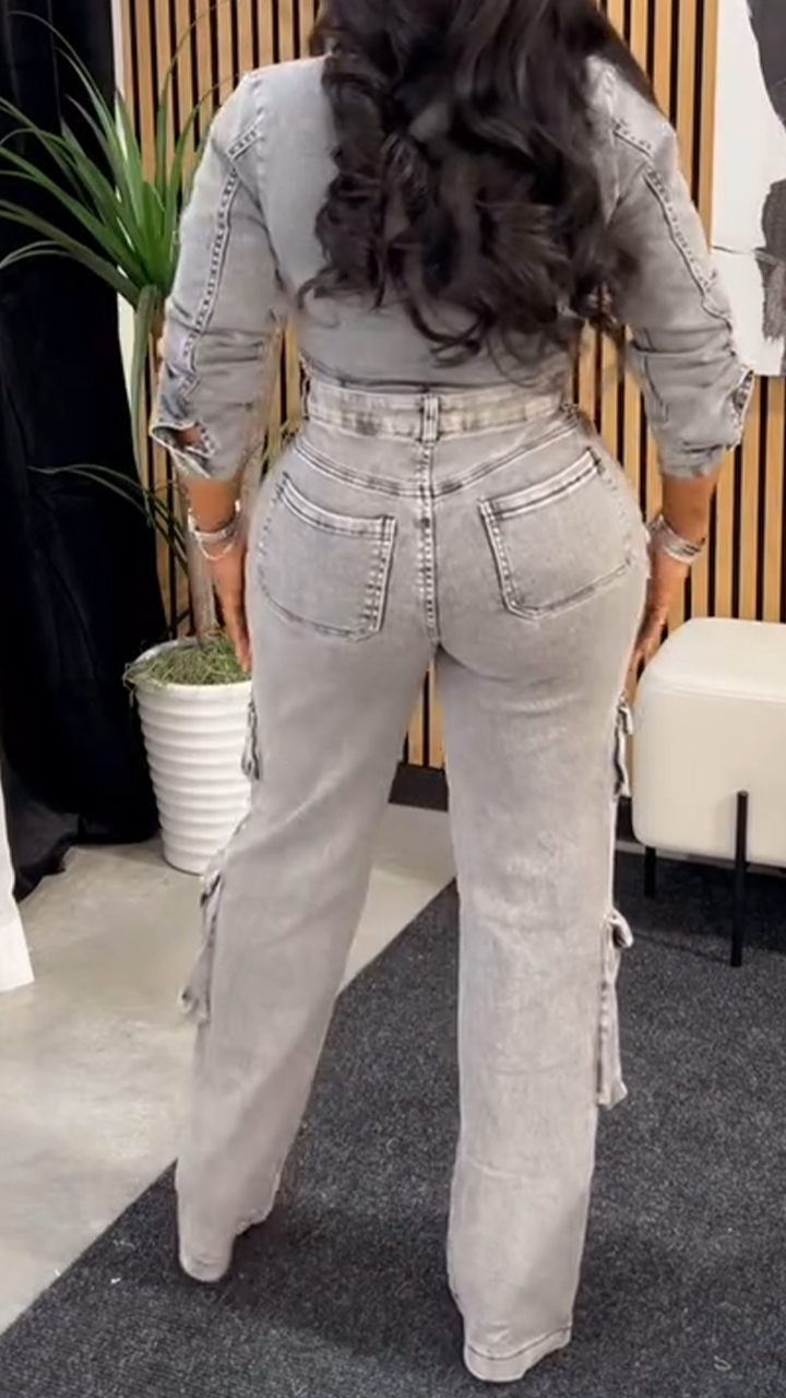 Grey Denim Cargo Jeans with Tassel Detailing