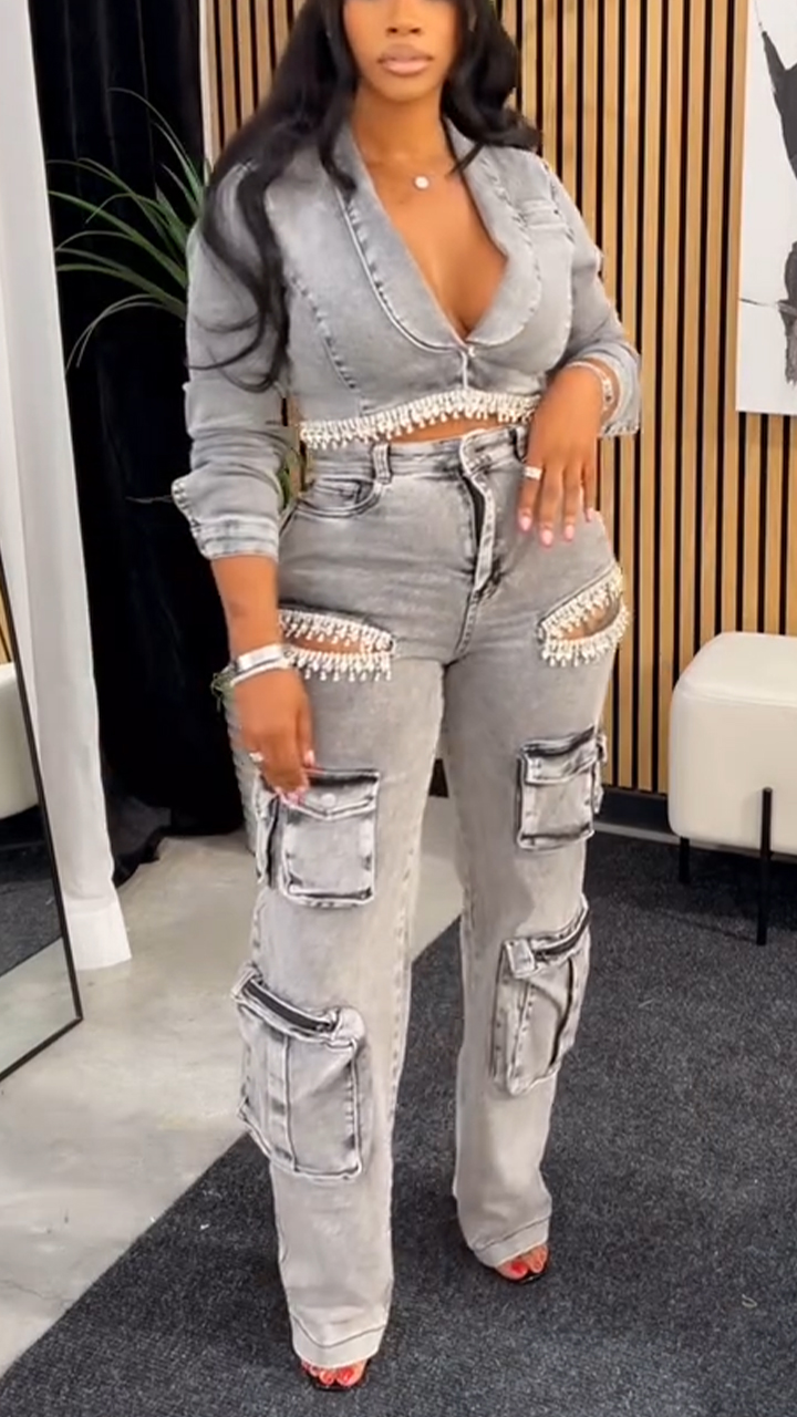 Grey Denim Cargo Jeans with Tassel Detailing