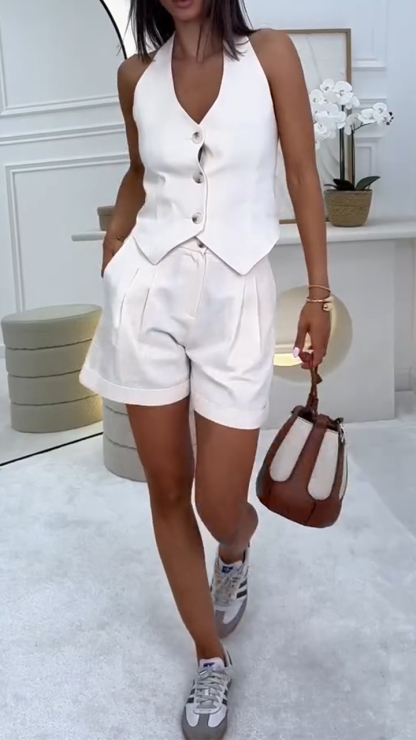 Women's Neck Hanging Hollow Breasted Top+ Shorts Solid Color Casual Set