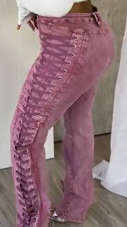 Ladies' Side Drawstring Strap Spliced Casual Pants