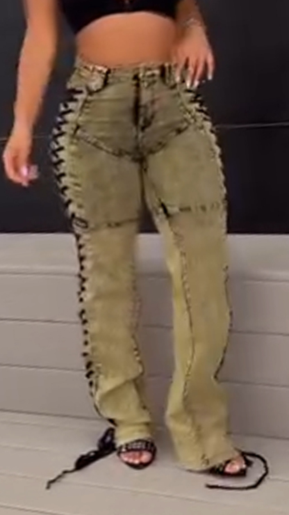 Ladies' Side Drawstring Strap Spliced Casual Pants