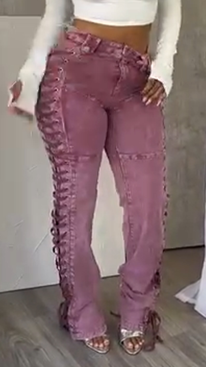 Ladies' Side Drawstring Strap Spliced Casual Pants