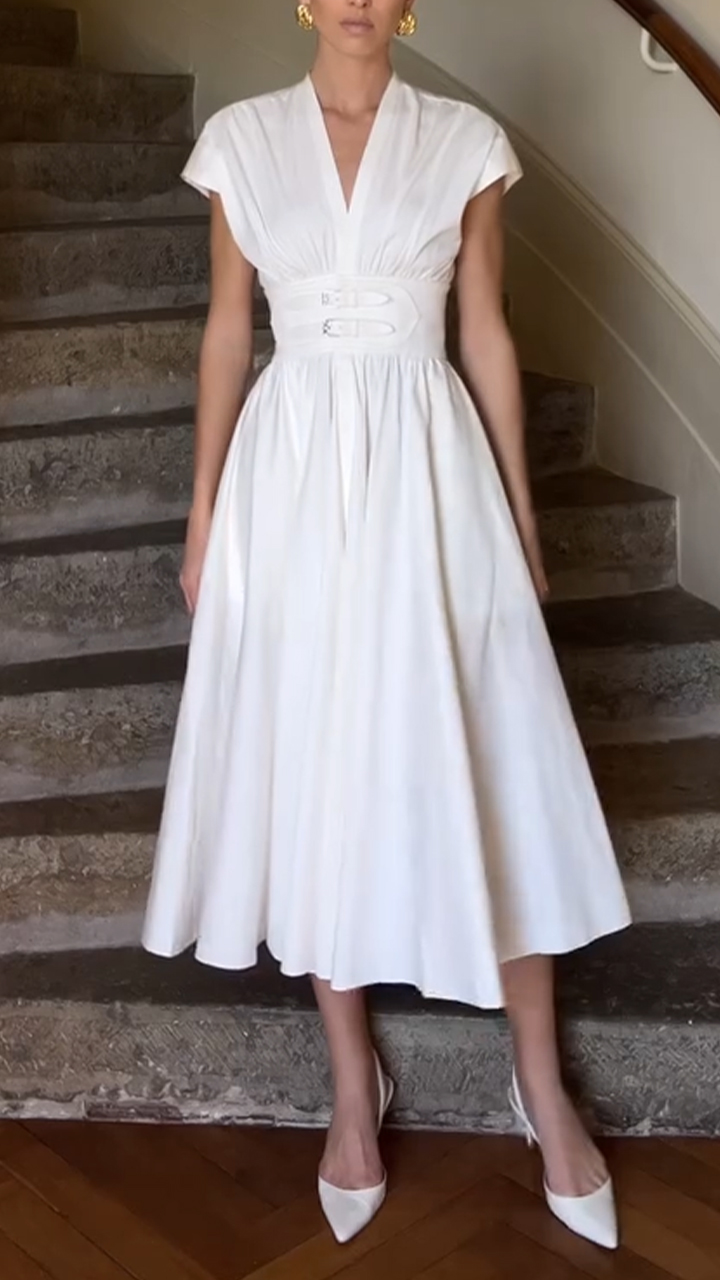 Ladies' V-neck Waist Cinched Solid Color Elegant Casual Dress