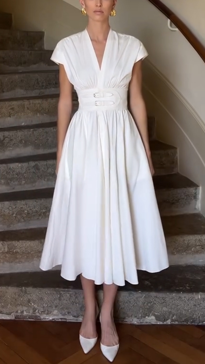 Ladies' V-neck Waist Cinched Solid Color Elegant Casual Dress