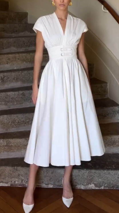 Ladies' V-neck Waist Cinched Solid Color Elegant Casual Dress