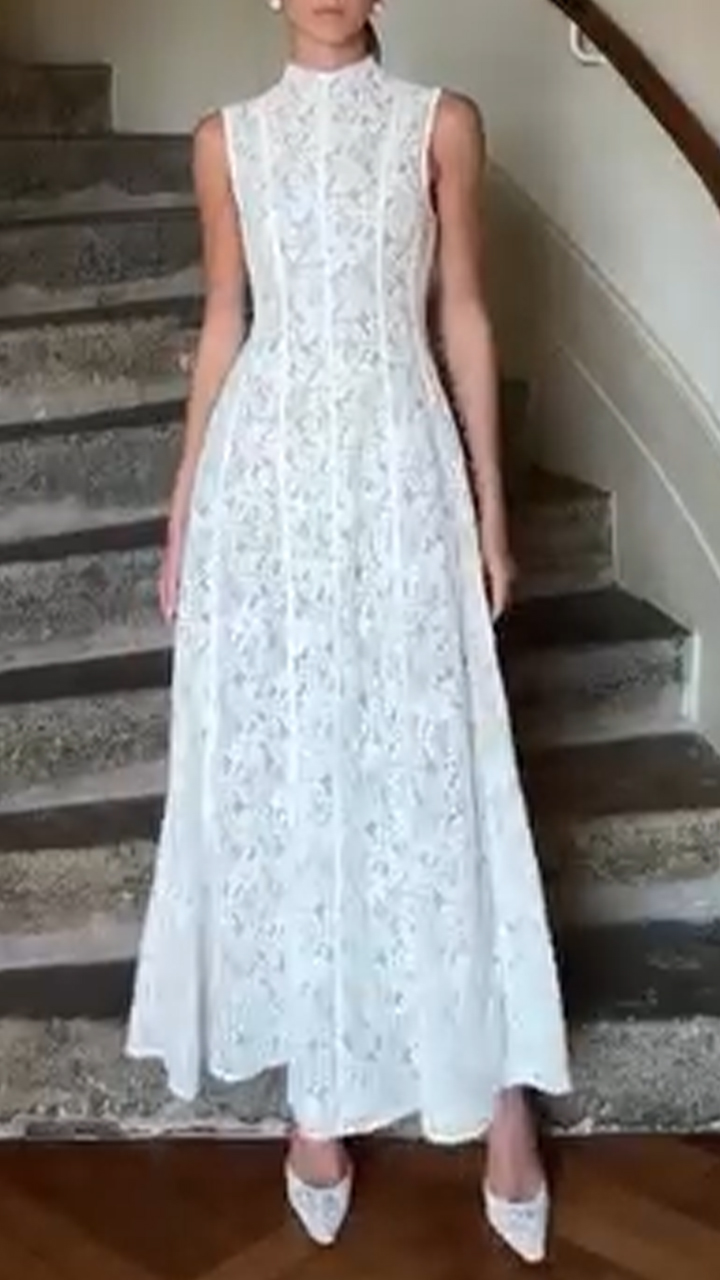 Ladies' Round Neck Printed Hollow Out Solid Color Elegant and Casual Dress