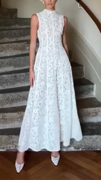 Ladies' Round Neck Printed Hollow Out Solid Color Elegant and Casual Dress