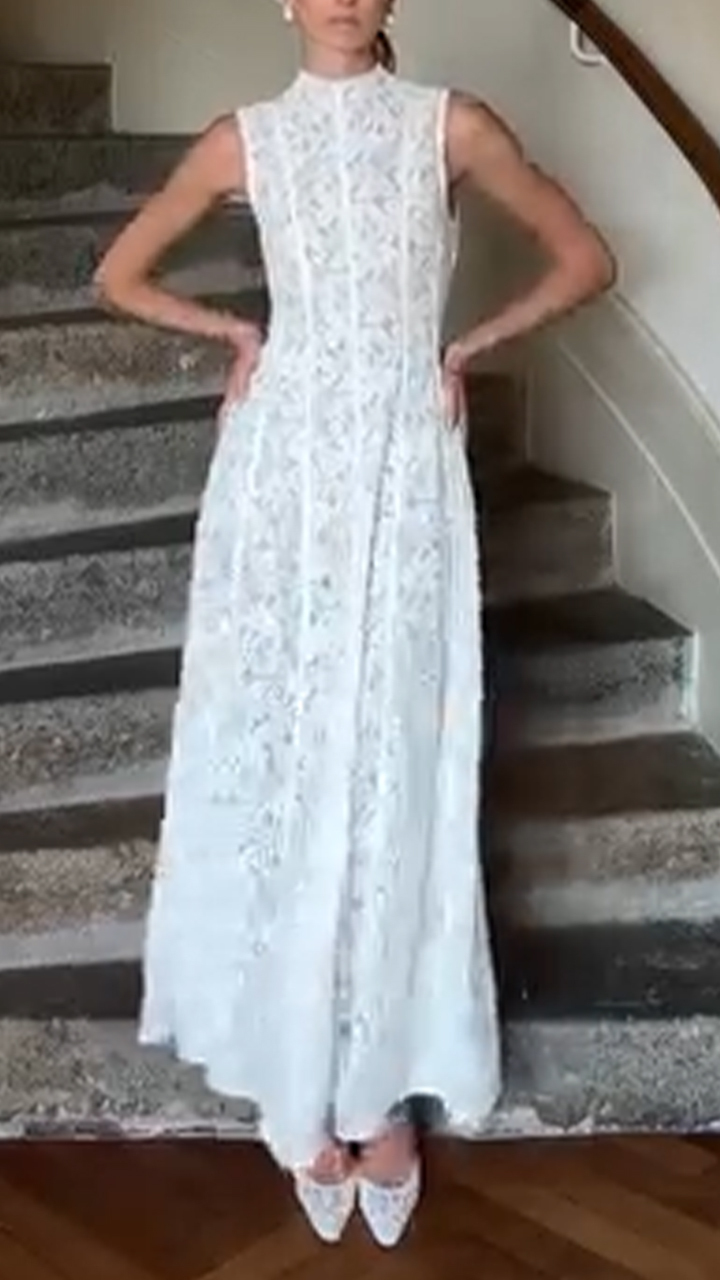 Ladies' Round Neck Printed Hollow Out Solid Color Elegant and Casual Dress