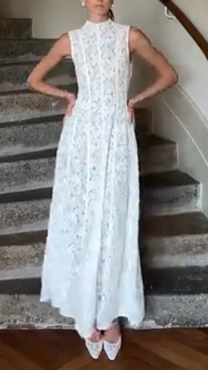 Ladies' Round Neck Printed Hollow Out Solid Color Elegant and Casual Dress