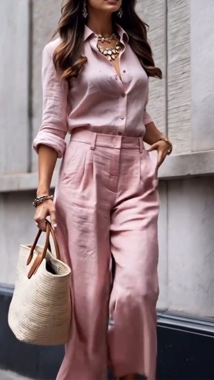 Women's Collar Top+ Pants Commuting Style Set