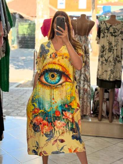 Ladies' V-neck Colorful Printed Loose Casual Dress