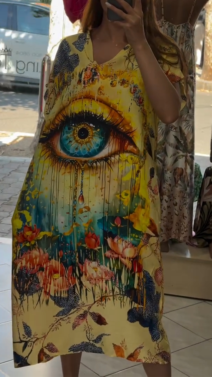 Ladies' V-neck Colorful Printed Loose Casual Dress