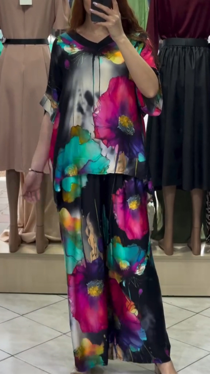 Ladies' V-neck Printed Top + Pants Loose Casual Suit