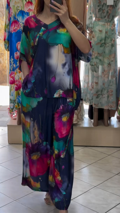 Ladies' V-neck Printed Top + Pants Loose Casual Suit