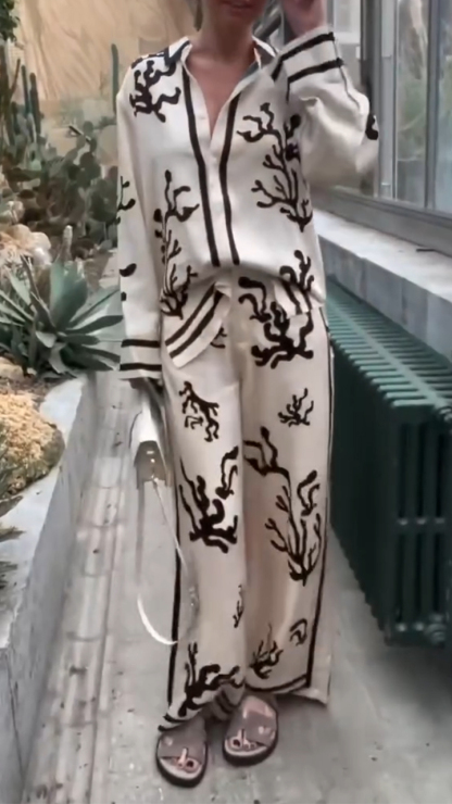 Ladies' Collar Printed Top+ Pants Casual Suit