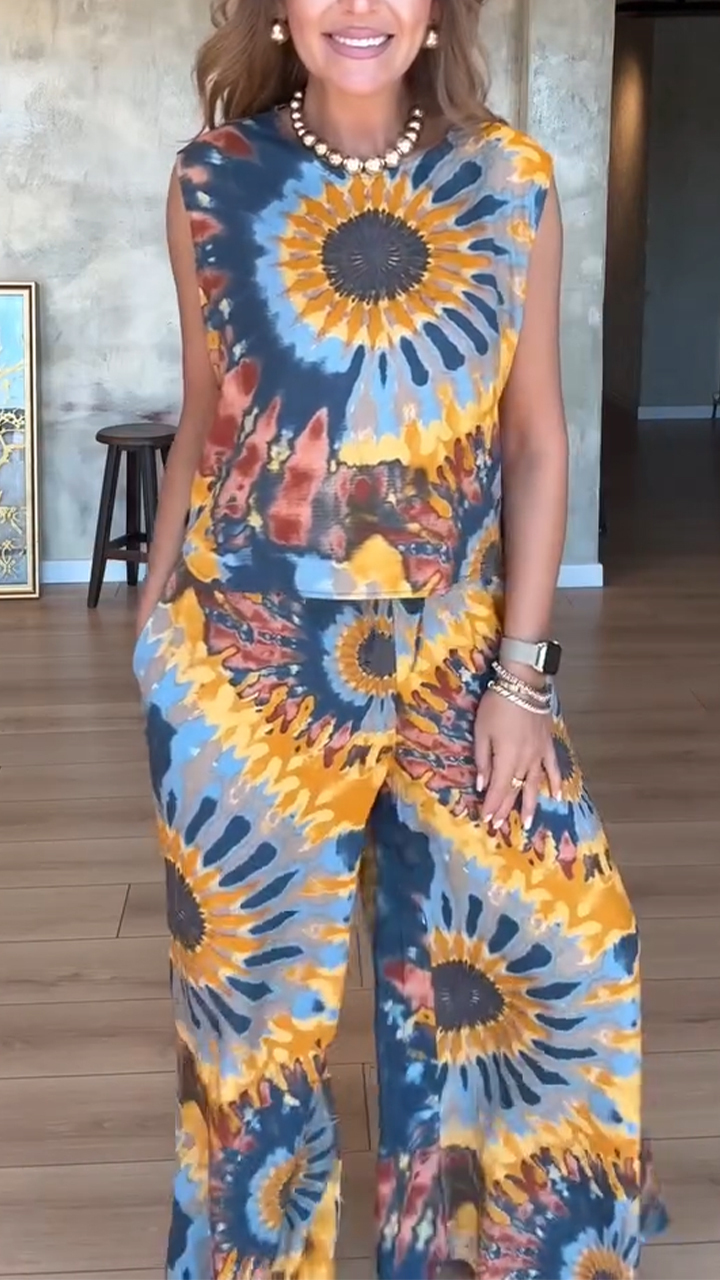 Ladies' Round Neck Painted Printed Top+ Pants Casual Suit