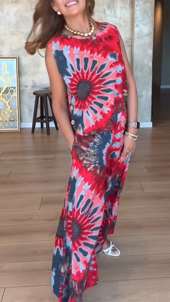 Ladies' Round Neck Painted Printed Top+ Pants Casual Suit