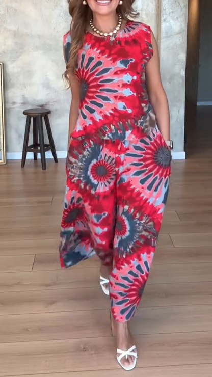 Ladies' Round Neck Painted Printed Top+ Pants Casual Suit