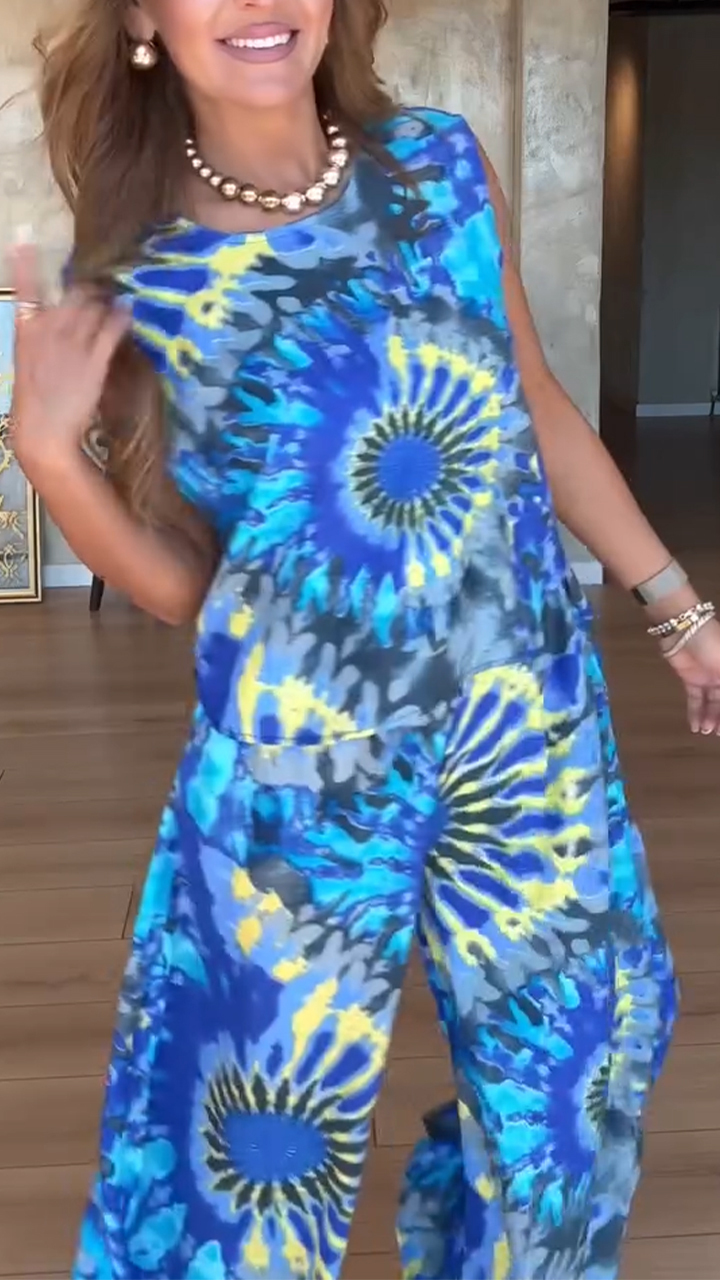 Ladies' Round Neck Painted Printed Top+ Pants Casual Suit