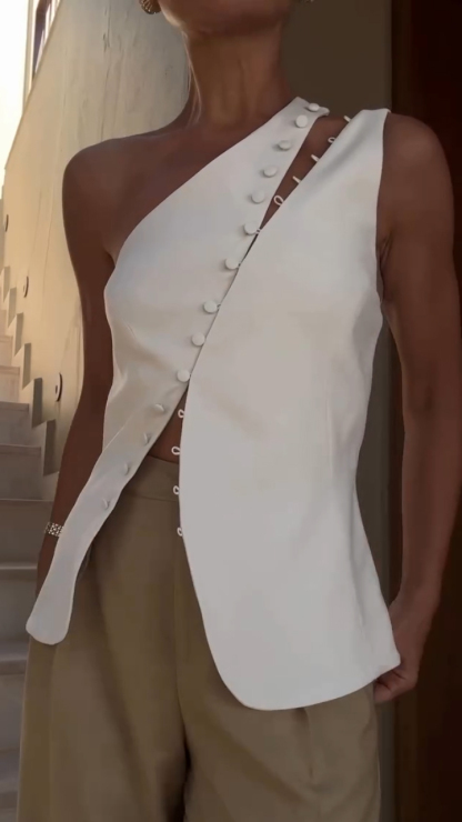 Women's One Shoulder Buckle Irregular Casual Top