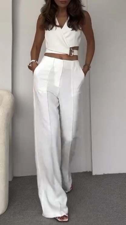 Women's V-neck Short Top + Trousers Casual Suit