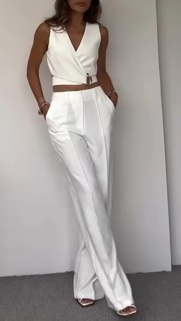 Women's V-neck Short Top + Trousers Casual Suit