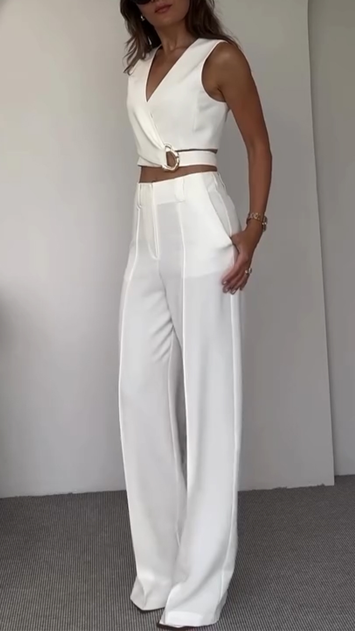 Women's V-neck Short Top + Trousers Casual Suit