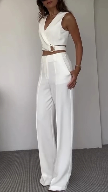 Women's V-neck Short Top + Trousers Casual Suit