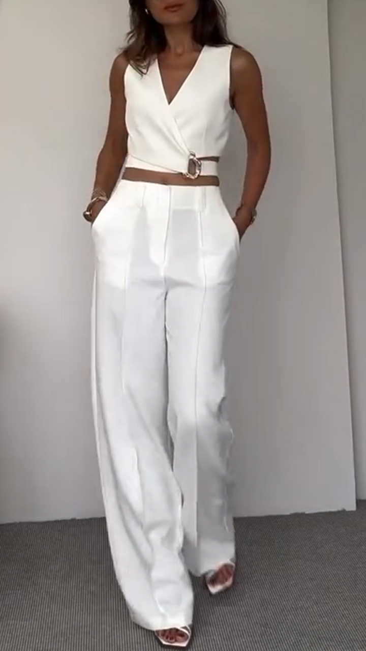 Women's V-neck Short Top + Trousers Casual Suit