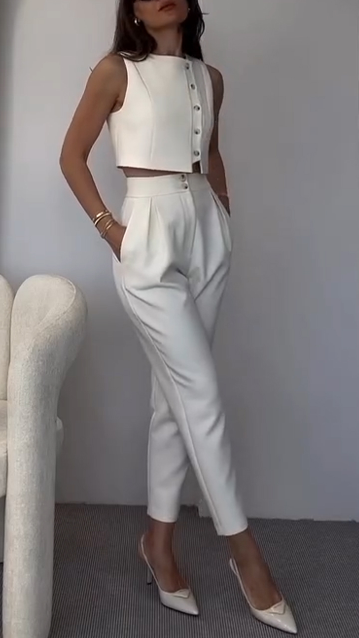 Women's Side Button Short Top + Trousers Casual Suit
