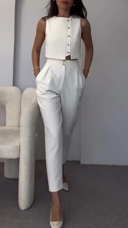 Women's Side Button Short Top + Trousers Casual Suit