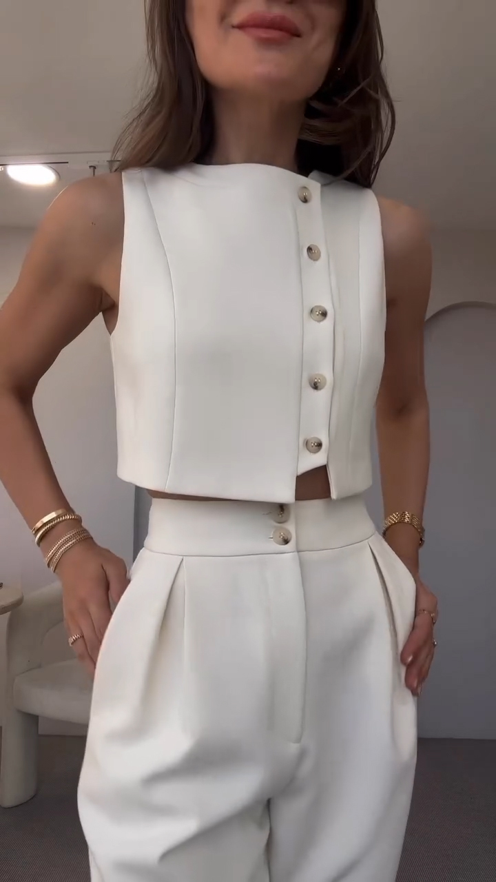 Women's Side Button Short Top + Trousers Casual Suit