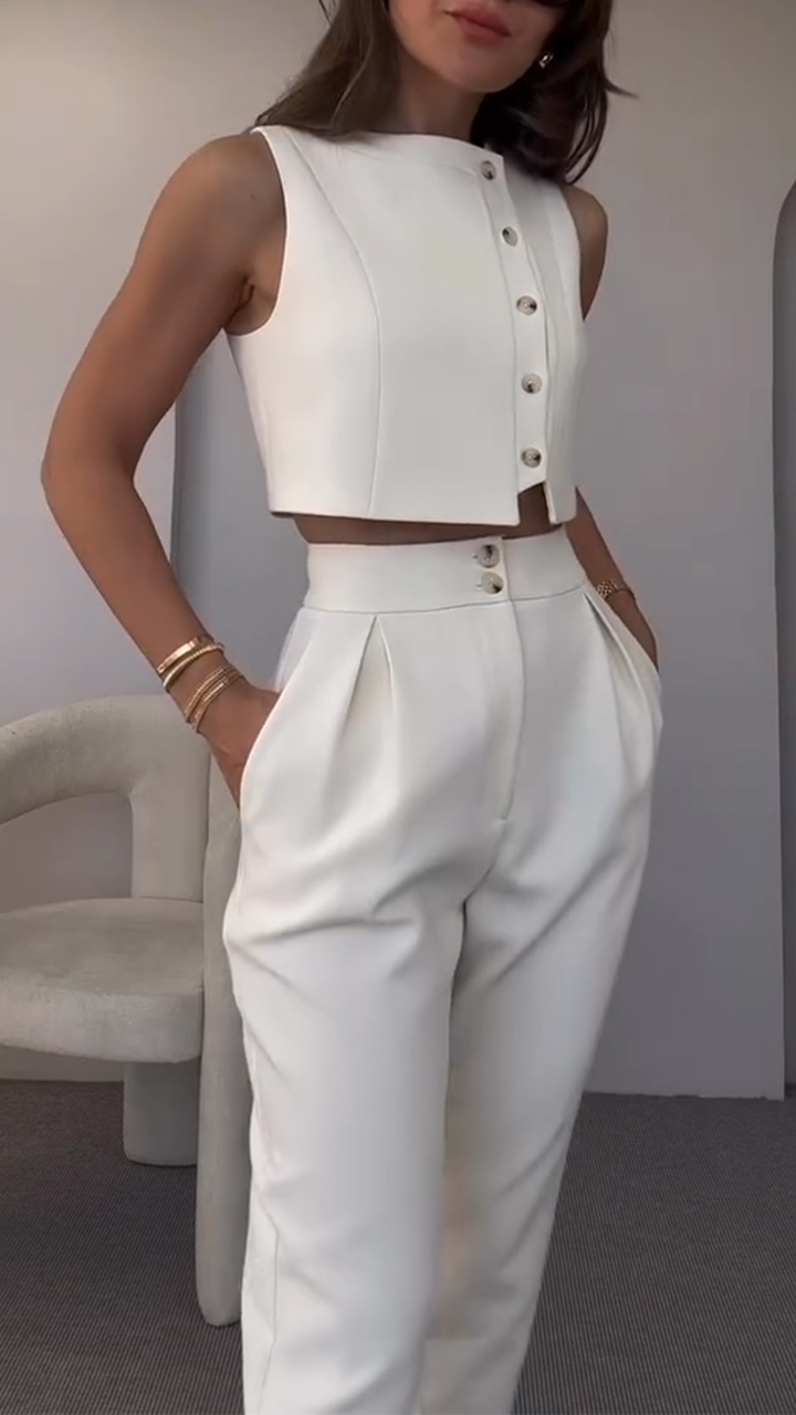 Women's Side Button Short Top + Trousers Casual Suit