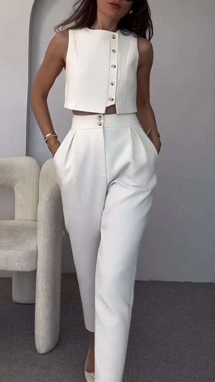 Women's Side Button Short Top + Trousers Casual Suit