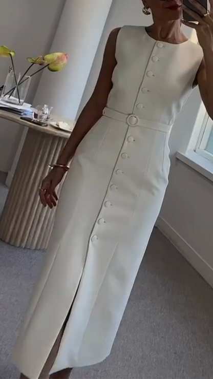 Women's Round Neck Sleeveless Button Belt Elegant Dress