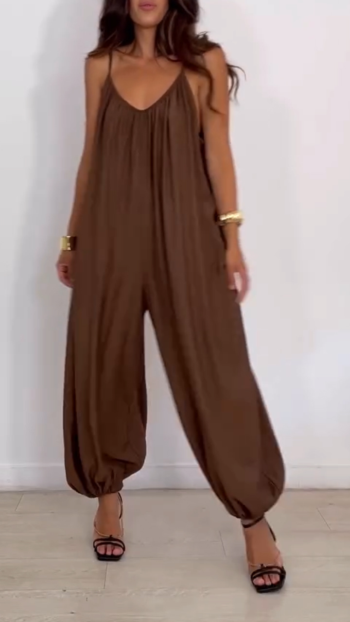 Ladies' Suspender Hollow Solid Color Loose Casual Jumpsuit