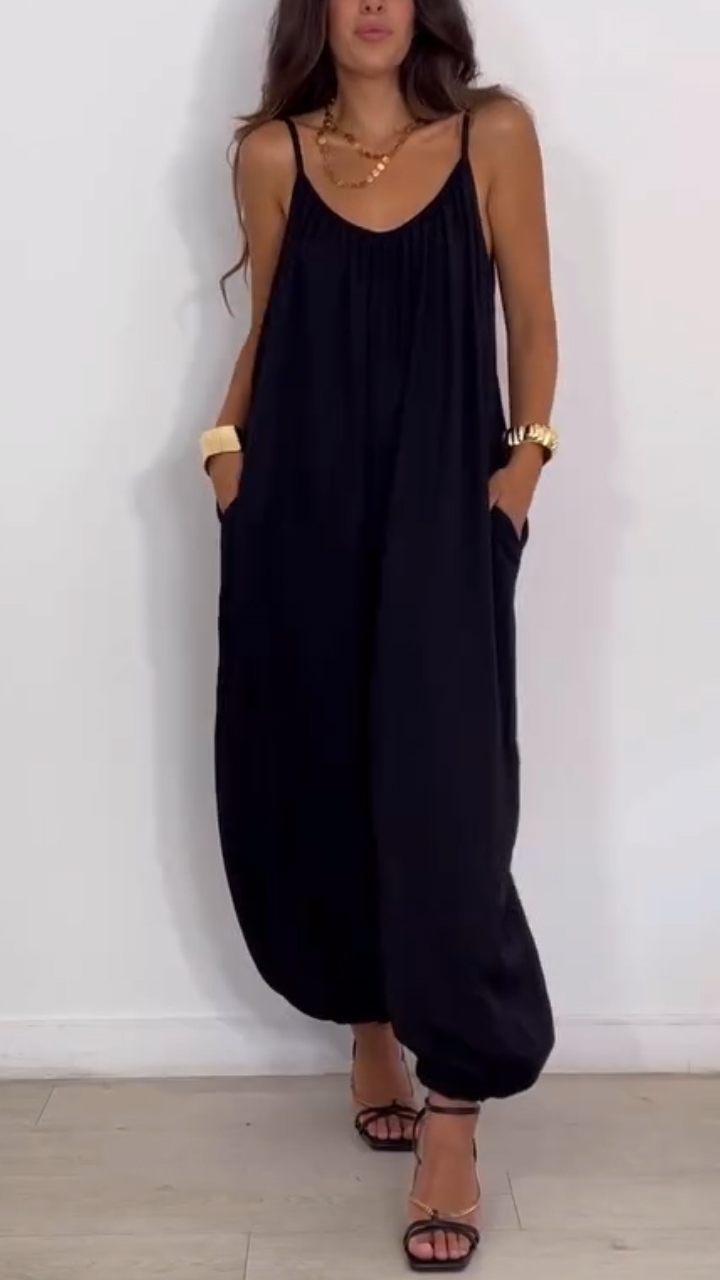 Ladies' Suspender Hollow Solid Color Loose Casual Jumpsuit