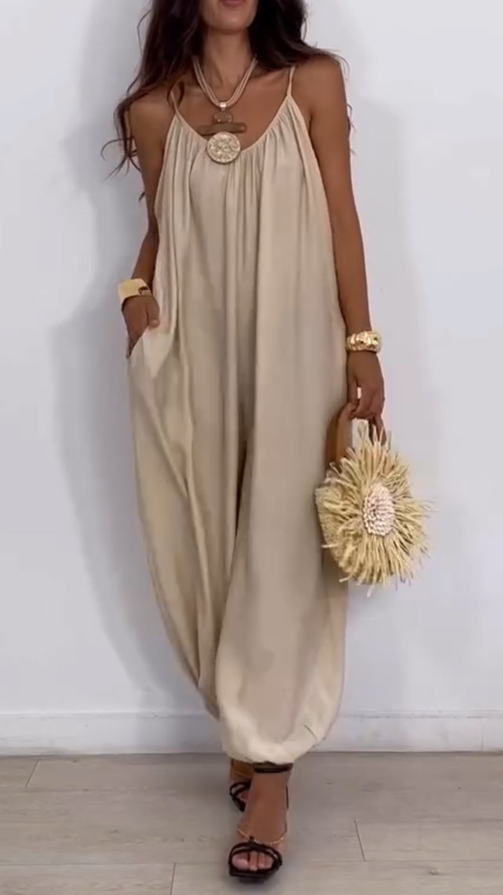 Ladies' Suspender Hollow Solid Color Loose Casual Jumpsuit