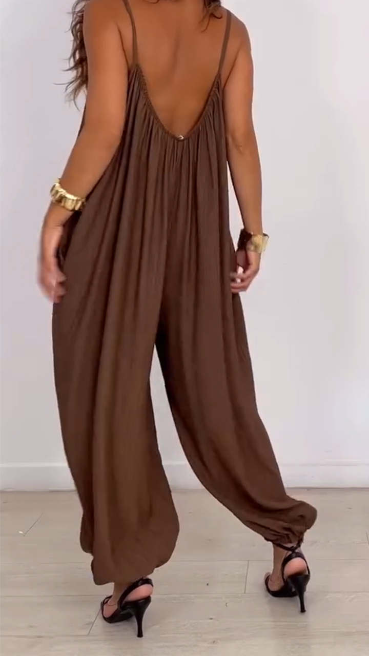 Ladies' Suspender Hollow Solid Color Loose Casual Jumpsuit