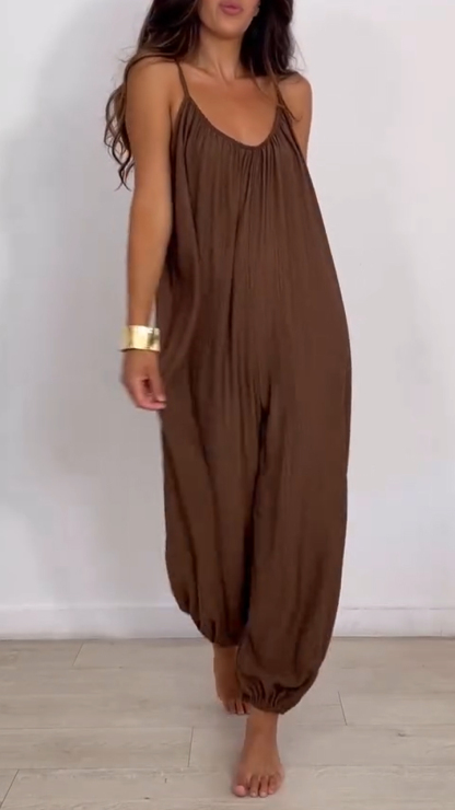 Ladies' Suspender Hollow Solid Color Loose Casual Jumpsuit