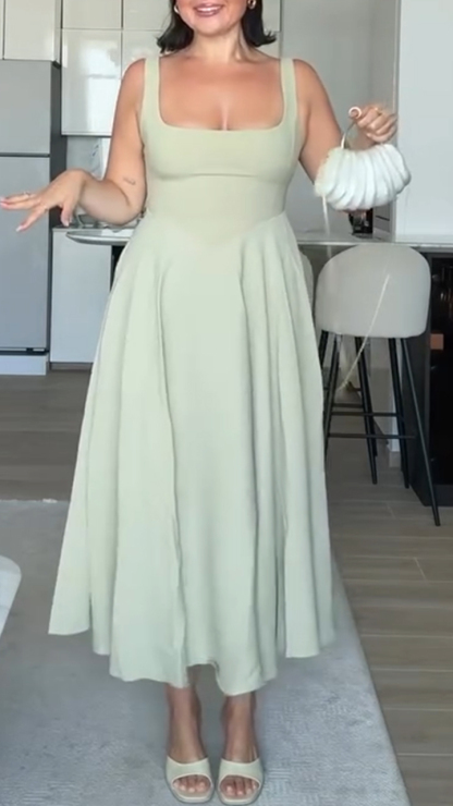 Ladies Square Collar Patchwork Solid Color Elegant Casual Dress