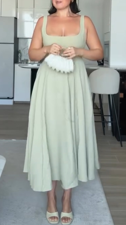 Ladies Square Collar Patchwork Solid Color Elegant Casual Dress