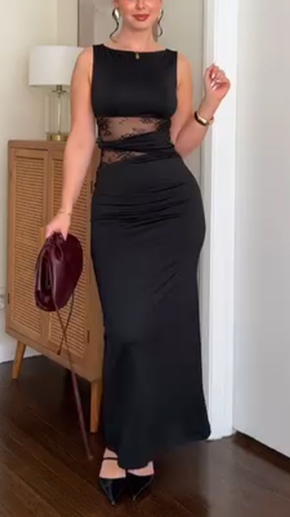 Ladies Round Neck Printed Hollow Splicing Temperament and Leisure Dress