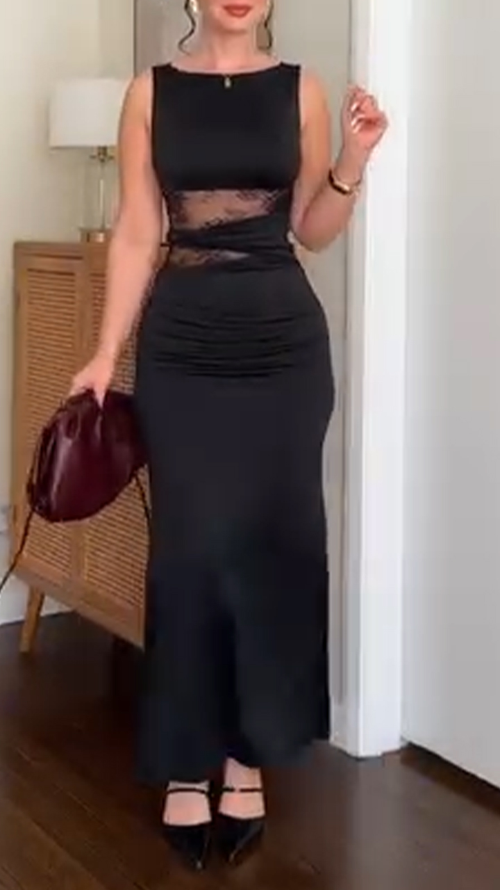 Ladies Round Neck Printed Hollow Splicing Temperament and Leisure Dress