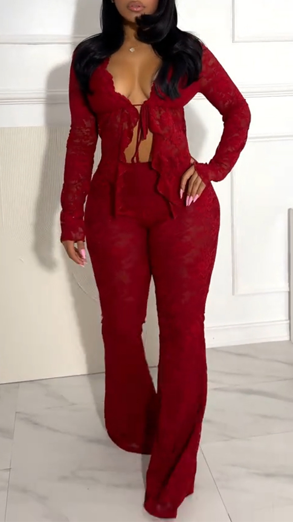 Ladies Printed Lace Strap Top+ Pants Sexy Temperament Set