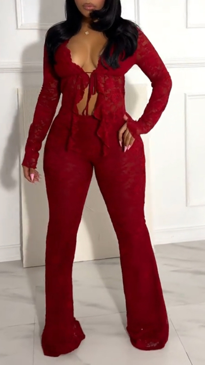 Ladies Printed Lace Strap Top+ Pants Sexy Temperament Set