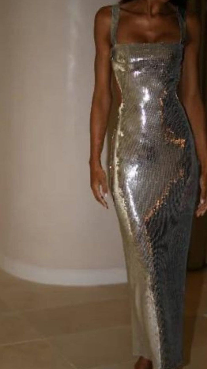 Women Autumn Sexy Sling Backless Silvery Maxi Dress