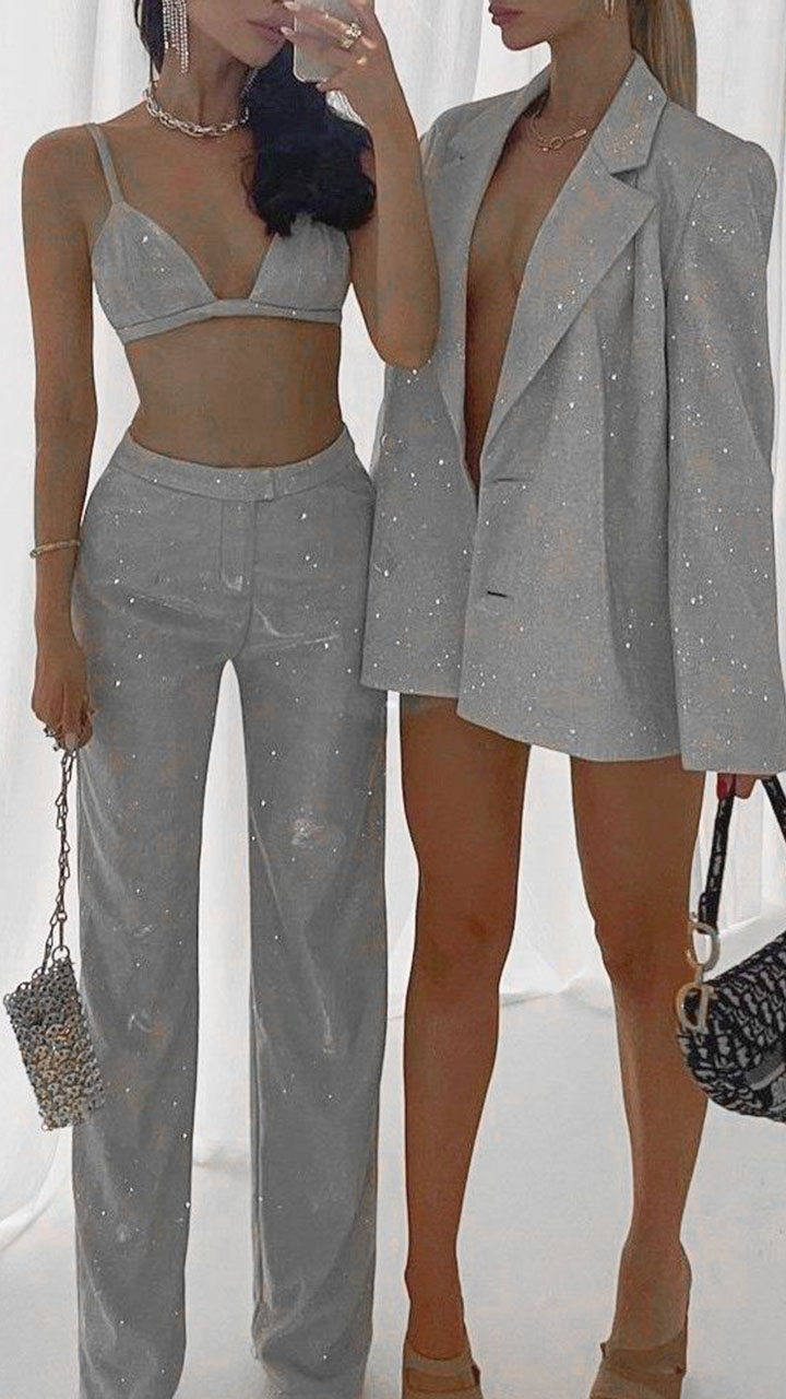 Women's  Sparkling Elegant Party Bra Blazer And Pant 3pcs Set