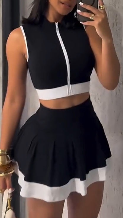 Ladies Round Neck Zipper Top+ Skirt Casual Set